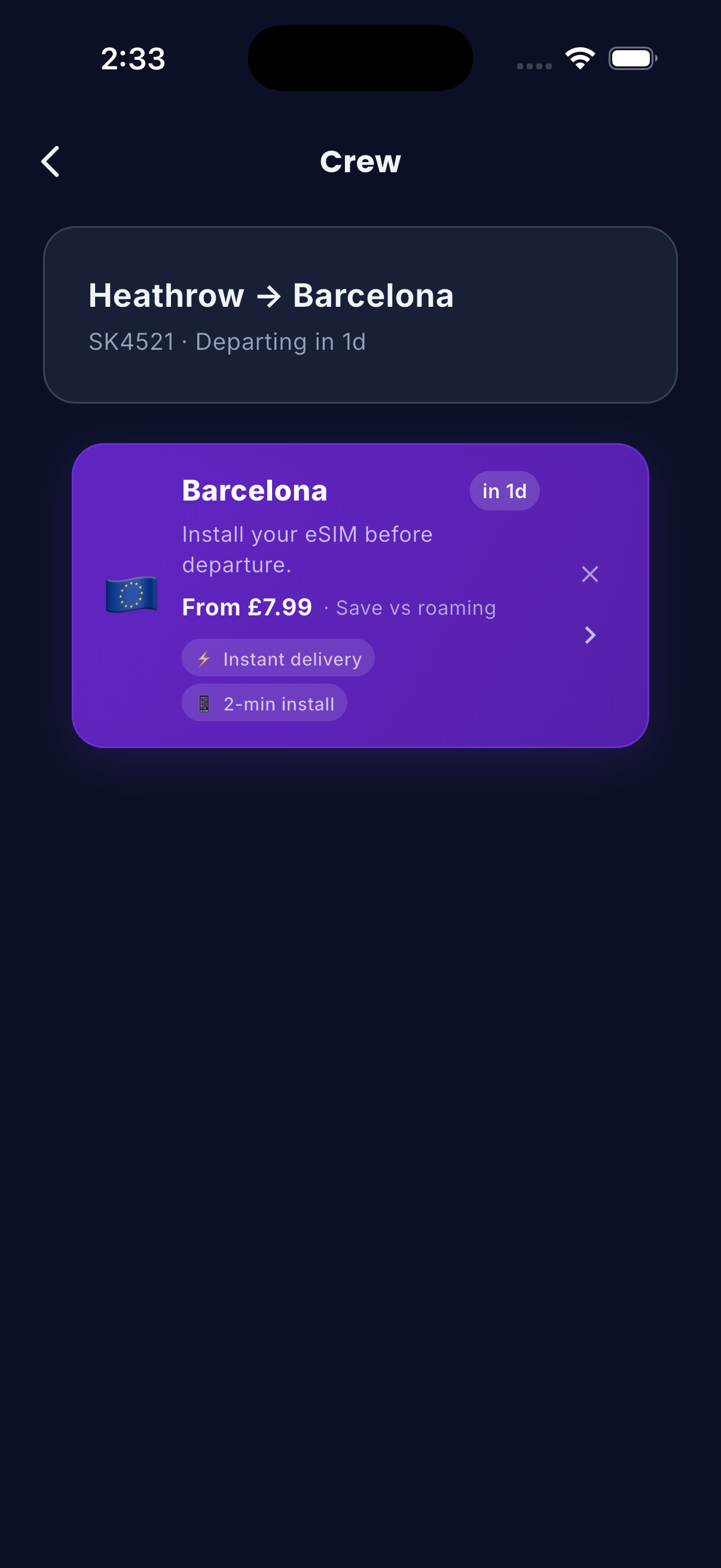 Layvr app showing an eSIM suggestion for an upcoming Barcelona layover - From £7.99, instant delivery