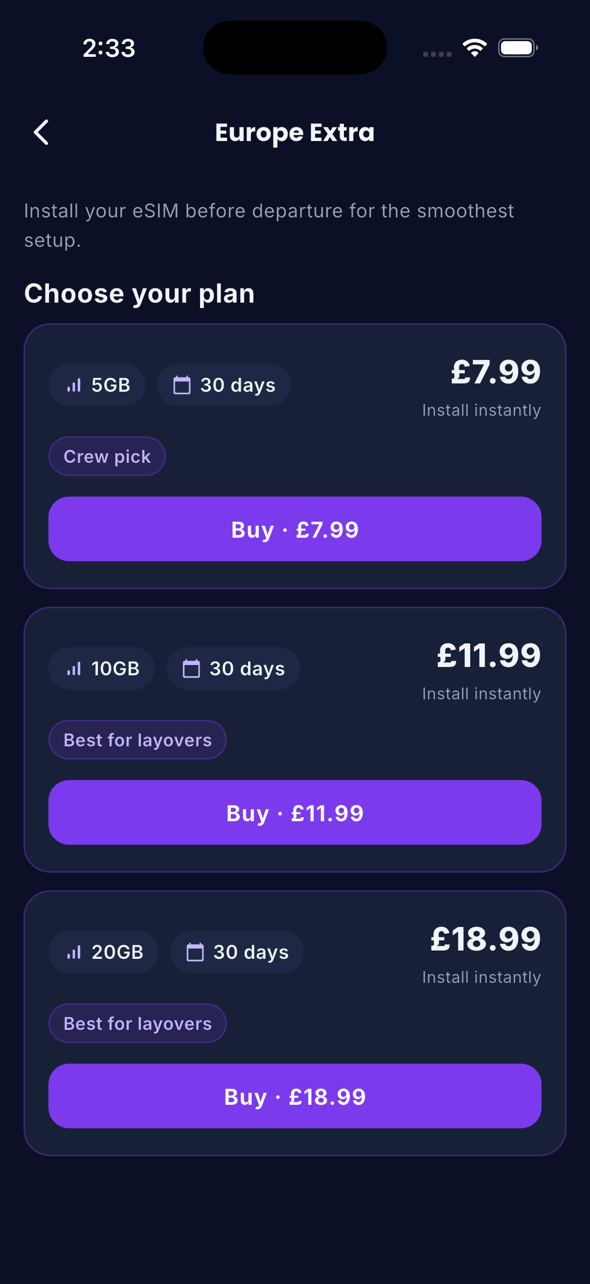eSIM plan selection showing Europe Extra 5GB for £7.99 and 10GB for £11.99