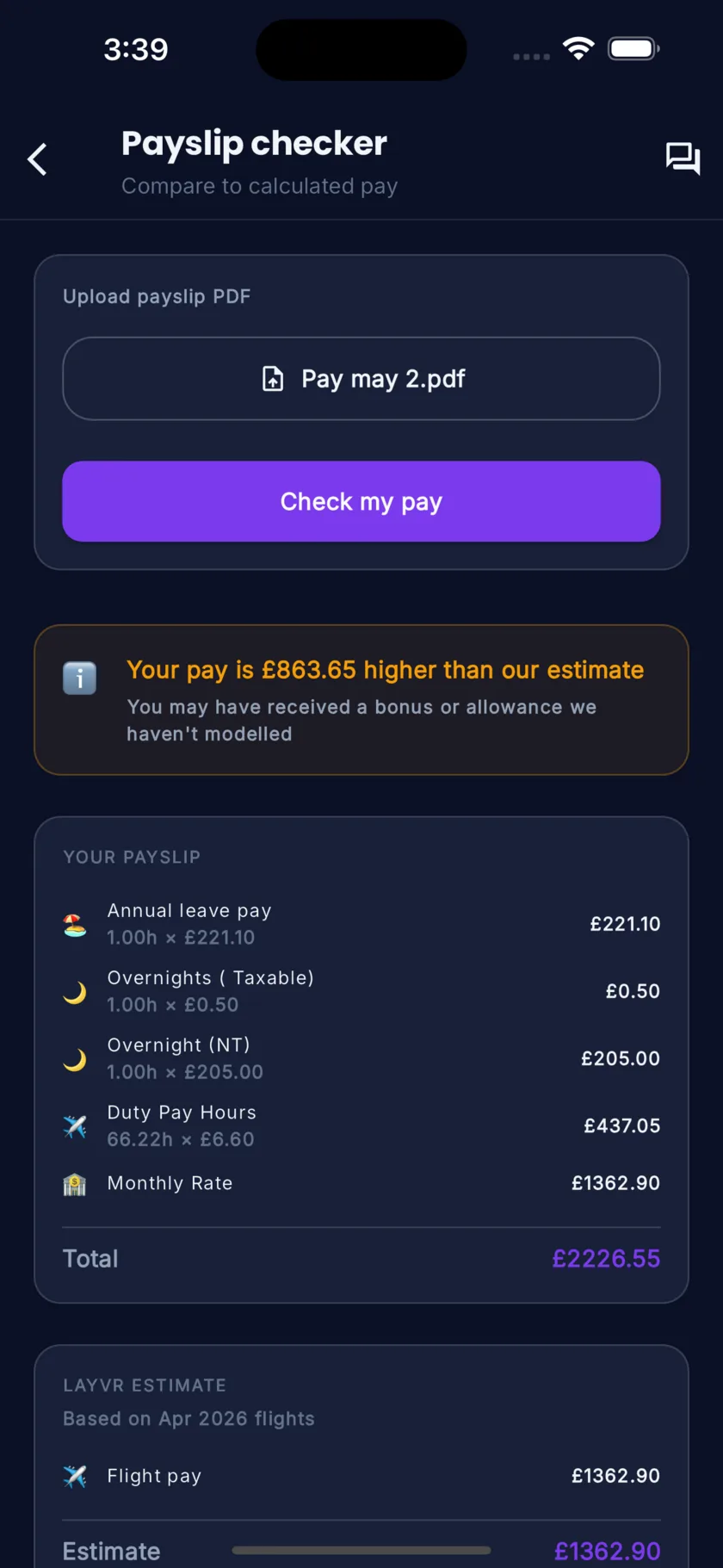 Layvr payslip checker comparing roster to payslip