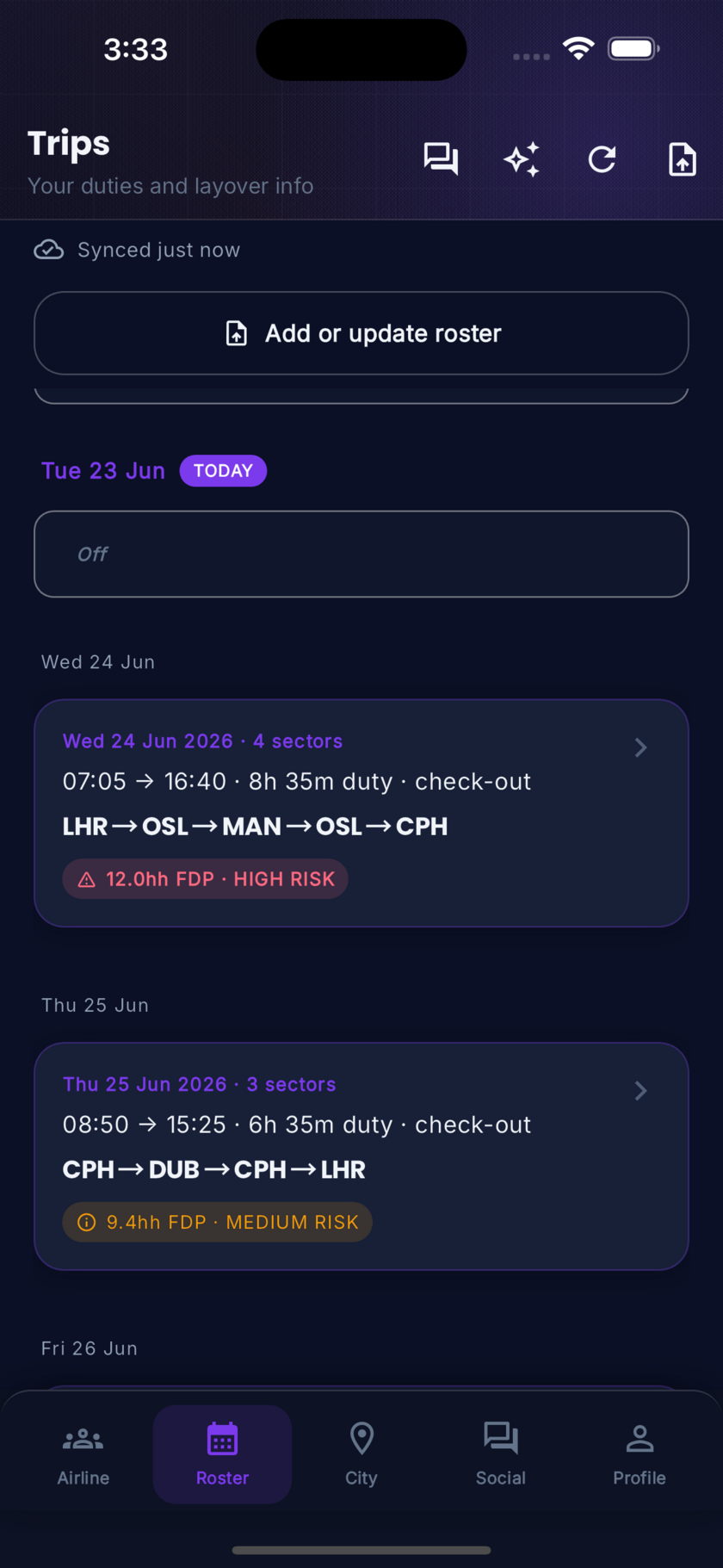 Roster timeline with today highlighted, flight duty cards and check-in times