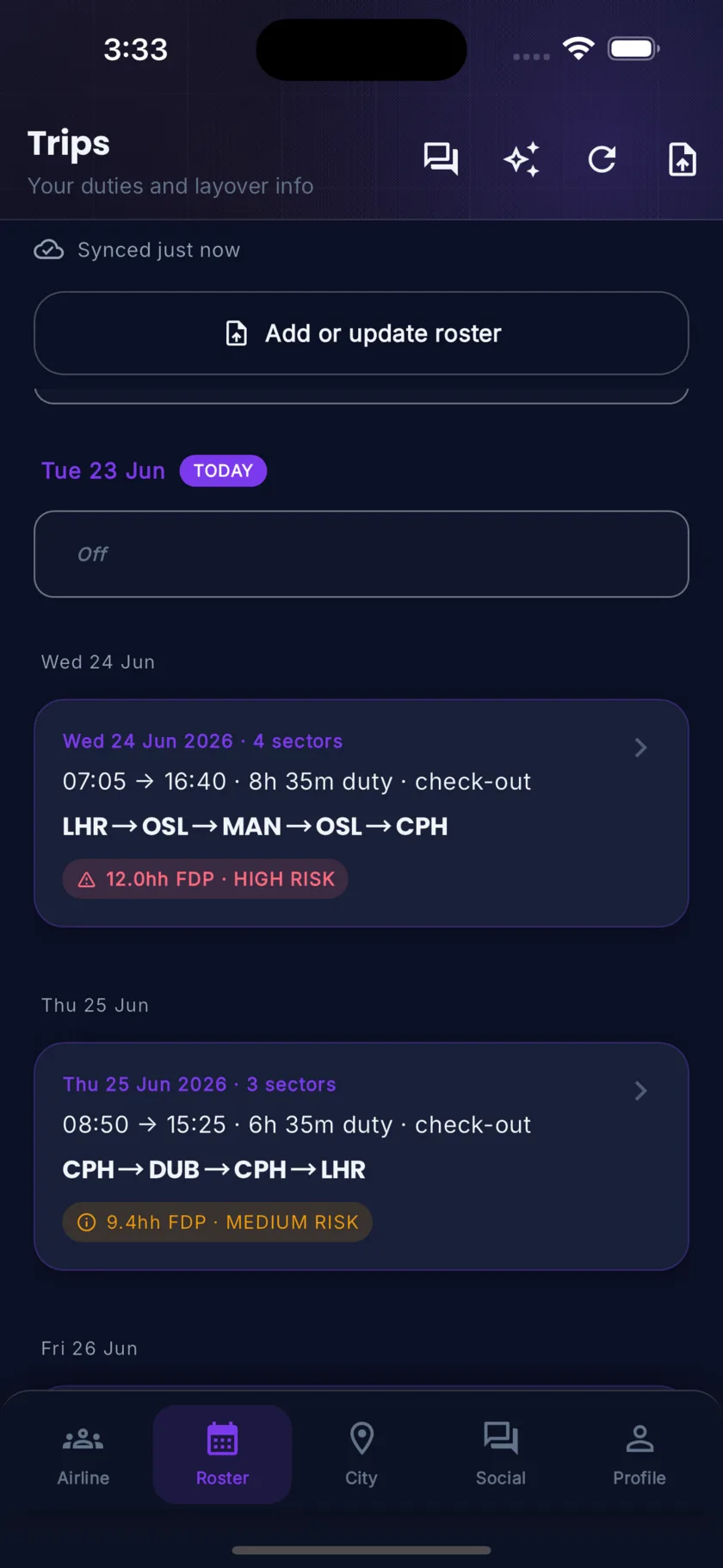 Layvr roster timeline with flight duties and FDP tracking