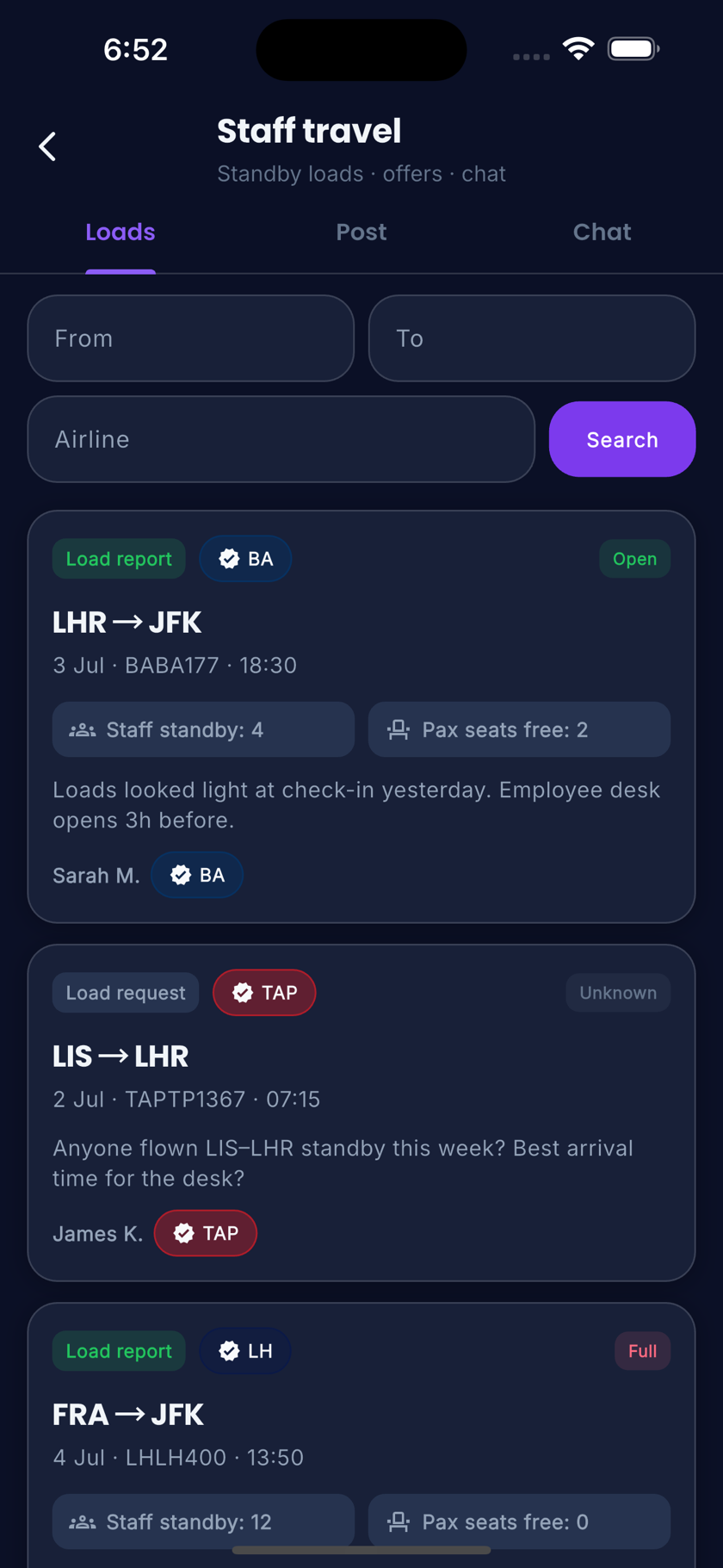 Staff travel load requests from verified crew in the Layvr app