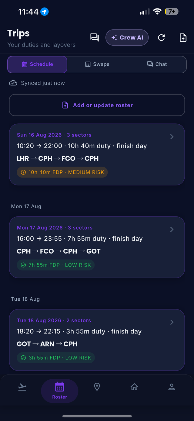 Layvr roster screen showing upcoming duties with sectors and duty length