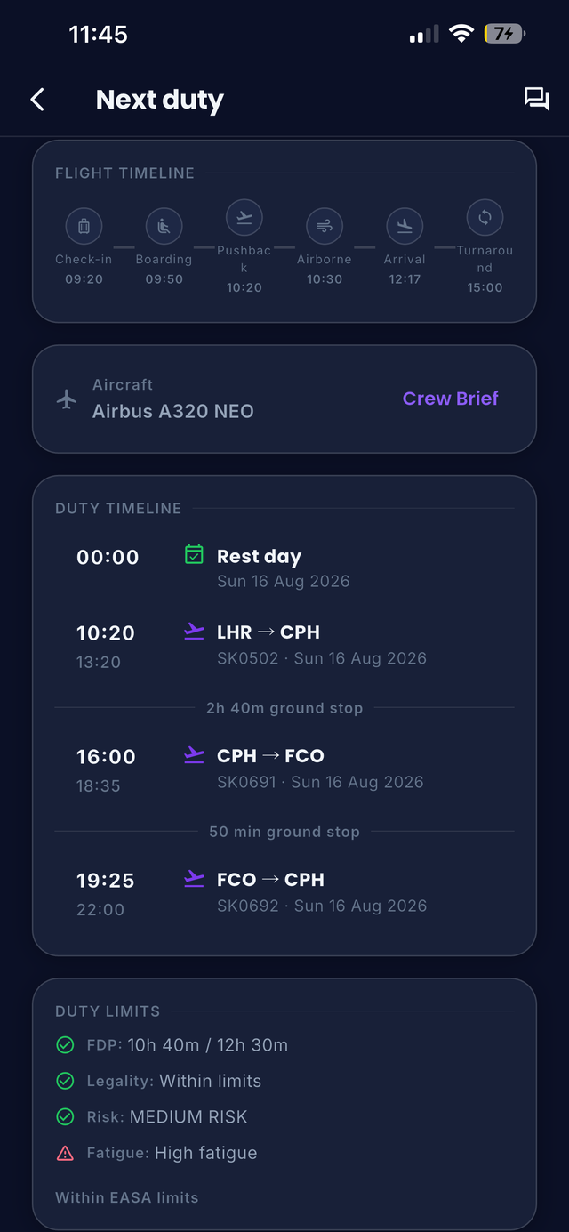Layvr next-duty screen with flight timeline, aircraft, and duty limits including FDP, legality and fatigue