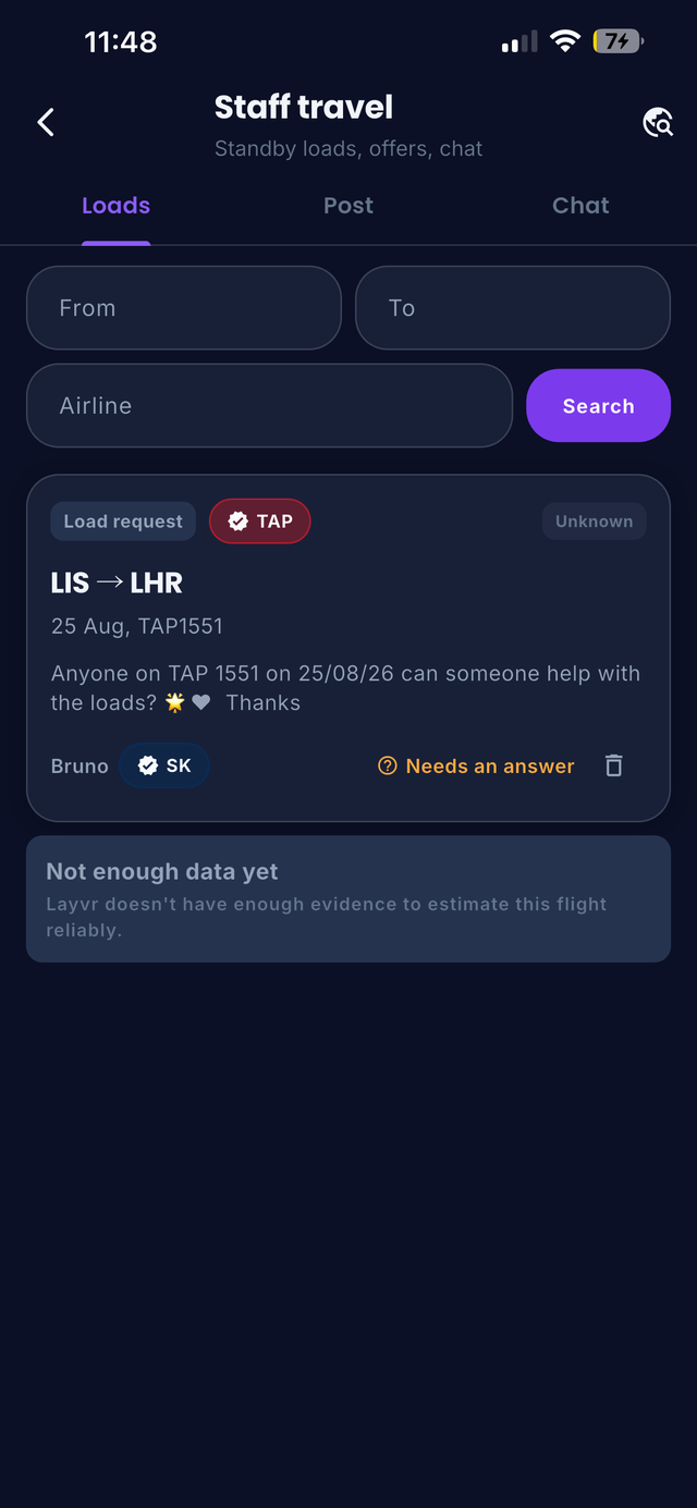 Layvr Staff Travel screen with route search and a load request open for discussion with verified crew